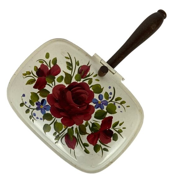 Vintage Toleware Silent Butler Crumb Catcher with Lid Wooden Handle Red Roses - Picture 1 of 7